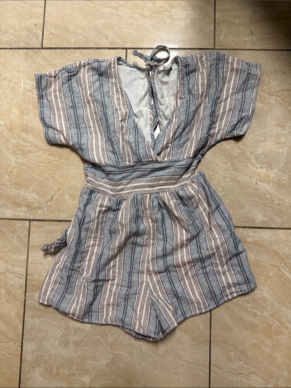 American Eagle Outfitters Blue and Cream Striped Tie-Back Romper